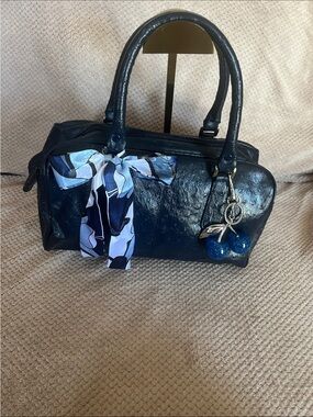 Navy Patent Satchel with Scarf Tie and Cherry Charm